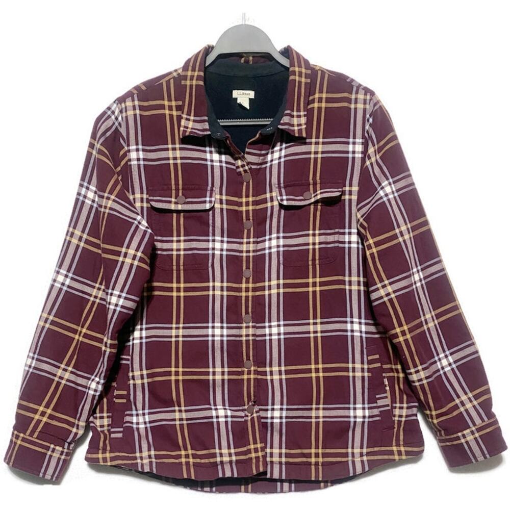 LL Bean Snap Front Heavy Duty Shirt Mens Large Long Sleeve Red White Plaid Lined